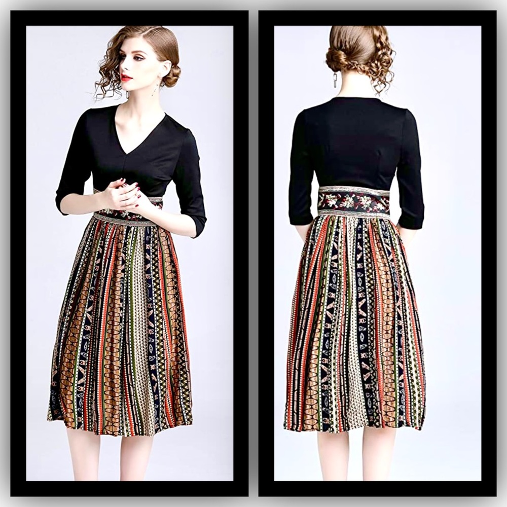 NWT Women's Retro 2 in 1 Pleated Knit Flowy Patchwork Vintage A-Line Dress